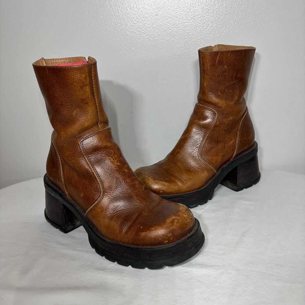 VTG Steve Madden Hott Bratz Boots Chunky Platform Brown Leather Zip Ankle 7.5B